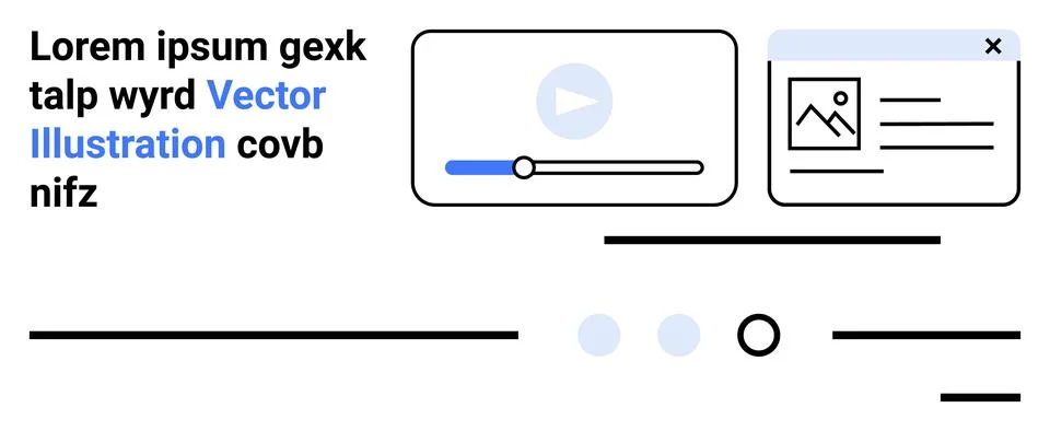 Minimal vector graphics of a video player, text, and image thumbnail in a cle Ilustração Stock