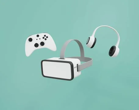 Minimal Virtual Reality goggles joystick and headphone 3D render illustration Illustrazione stock
