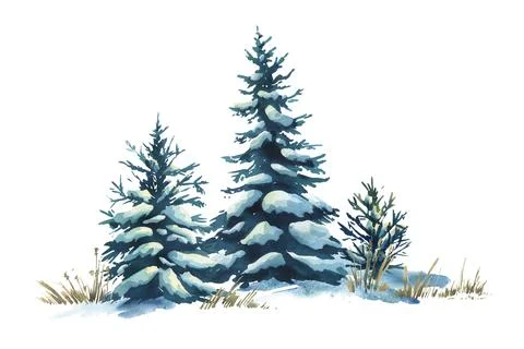 Minimal watercolor winter forest composition with snowy pine trees, hand-painted Stock Illustration