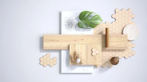 Minimal white background with copy space, marble slab, wooden planks, cutting Stock Illustration