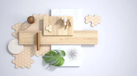 Minimal white background with copy space, marble slab, wooden planks, cutting Stock Illustration