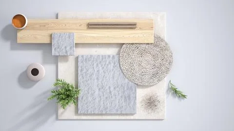 Minimal white background with copy space, marble limestone and granite slabs, Stock Illustration