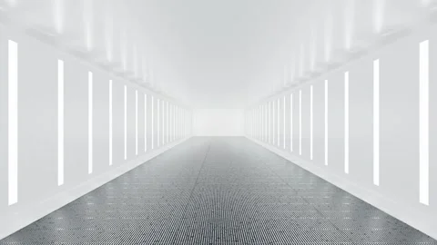 Minimal white corridor with grid floor and light panels view Vidéo 333588410