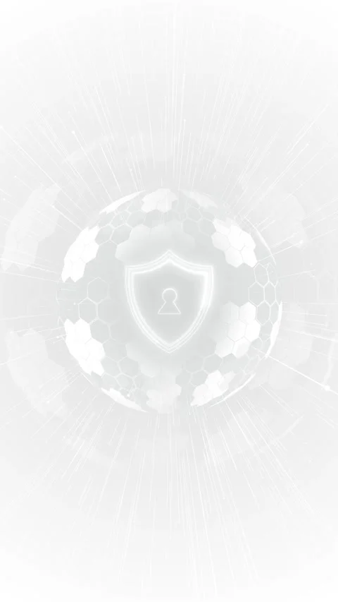 Minimal white digital security scene shield icon, lock center, globe pattern Stock Footage 334121593