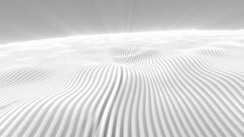 Minimal white digital wave landscape with soft striped terrain, glowing hor.. Stockillustratie