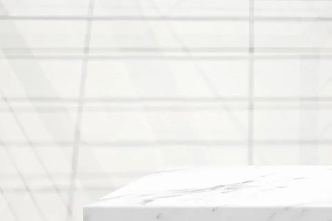 Minimal White Marble Table Corner with Fence Shadow on Concrete Wall Textur.. Illustrazione stock