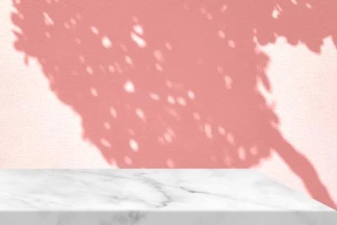 Minimal White Marble Table Corner with Shadow of Bonsai on Pink Concrete Wa.. Stock Illustration