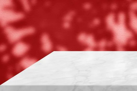 Minimal White Marble Table Corner with Shadow and Red Light Beam on Concret.. Stock Photos