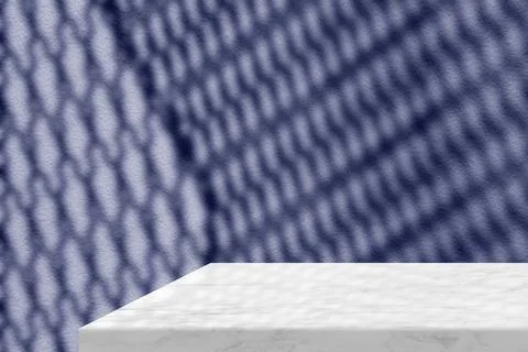 Minimal White Marble Table Corner with Shadow of Net on Blue Concrete Wall .. Stock Photos