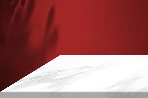 Minimal White Marble Table Corner with Tree Shadow on the Red Concrete Wall. Stock Photos