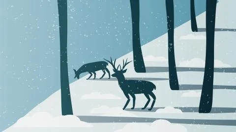 Minimal Winter Forest Scene with Stag Near a River - Vector Illustration. Stock Illustration