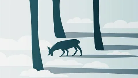 Minimal Winter Forest Scene with Stag - Vector Illustration. Stock Illustration