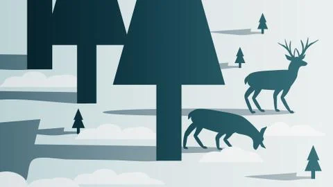 Minimal Winter Forest Scene with Stag - Vector Illustration. Stock Illustration