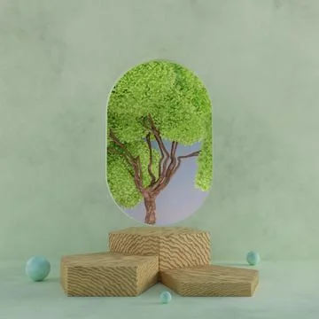 Minimal wood hexagonal stages with tree background 3D render illustration Stock Illustration