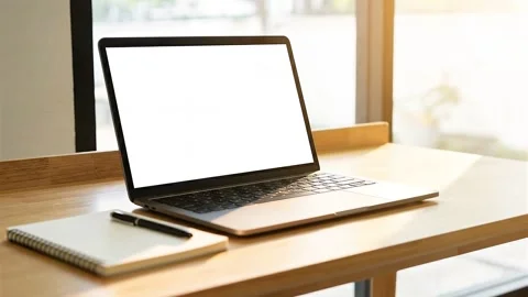 Minimal Work Desk with Open Laptop in Modern Office Video stock 326677934