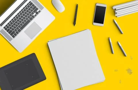 Minimal work space concept: smart phone, pen, pencils, notepad, notebook, tablet Illustrazione stock
