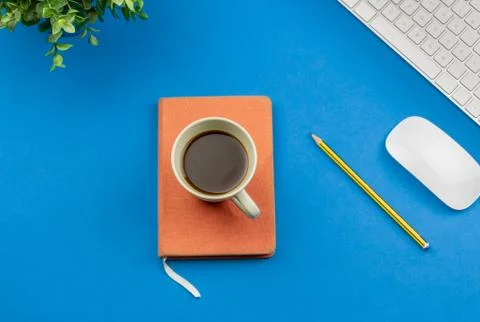 Minimal work space - Creative flat lay photo of workspace desk. Top view offi Stock Photos