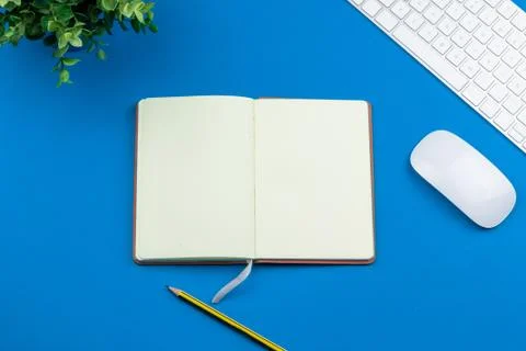 Minimal work space - Creative flat lay photo of workspace desk. Top view offi Stock Photos