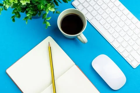 Minimal work space - Creative flat lay photo of workspace desk. Top view offi Stock Photos