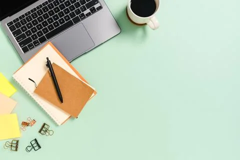 Minimal work space - Creative flat lay photo of workspace desk. Top view of.. Stock Photos