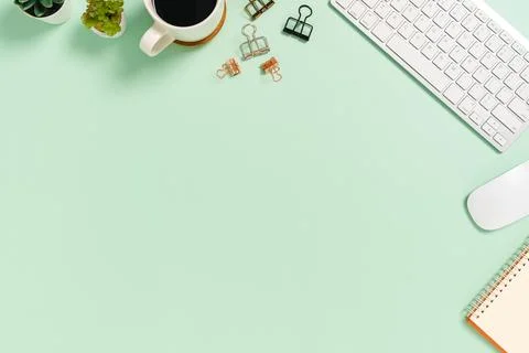 Minimal work space - Creative flat lay photo of workspace desk. Top view of.. Stock Photos