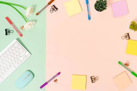 Minimal work space - Creative flat lay photo of workspace desk. Top view of.. Stock Photos