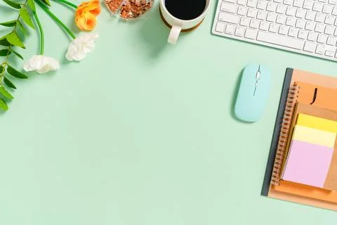 Minimal work space - Creative flat lay photo of workspace desk. Top view of.. Stock Photos