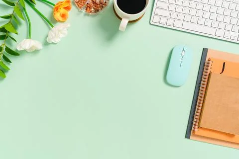 Minimal work space - Creative flat lay photo of workspace desk. Top view of.. Stock Photos