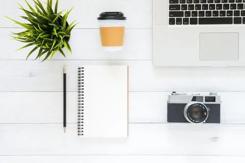 Minimal work space - Creative flat lay photo of workspace desk. Top view of.. Stock Photos