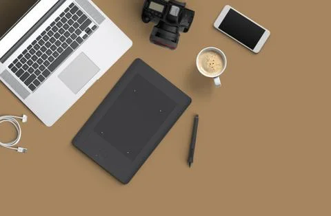 Minimal work space : Laptop, camera, coffee, camera, pen, pencil, notebook Stock Illustration