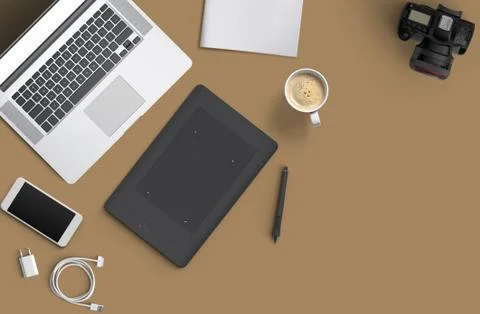 Minimal work space : Laptop, camera, coffee, camera, pen, pencil, notebook Stock Illustration