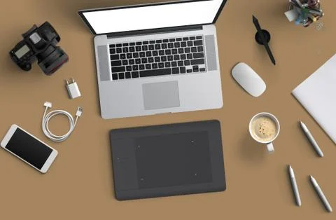 Minimal work space : Laptop, camera, coffee, camera, pen, pencil, notebook Stock Illustration
