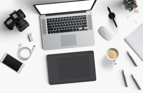 Minimal work space : Laptop, camera, coffee, camera, pen, pencil, notebook Stock Illustration
