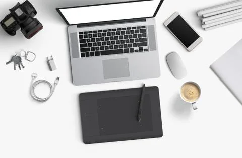 Minimal work space : Laptop, camera, coffee, camera, pen, pencil, notebook Stock Illustration