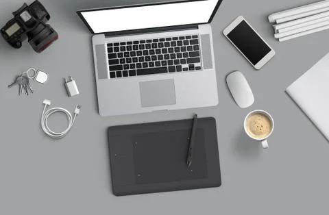 Minimal work space : Laptop, camera, coffee, camera, pen, pencil, notebook Stock Illustration