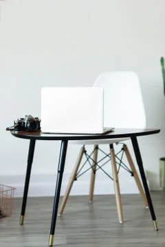 Minimal working place at home with computer, photocamera and cactus Stock Photos