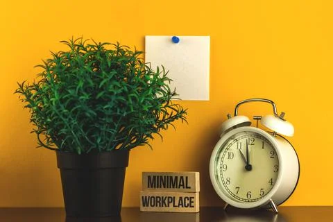 Minimal workplace table, mockup with text inscription on a wooden pegs, homep Stock Photos