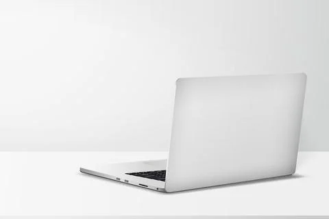 Minimal workspace with laptop back side view on table with gray wall backgrou Stock Illustration