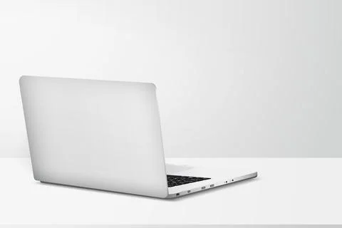 Minimal workspace with laptop back side view on table with gray wall backgrou Stock Illustration
