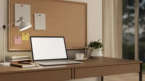 Minimal workspace with white screen laptop with book an coffee on wooden ta.. Stock Illustration