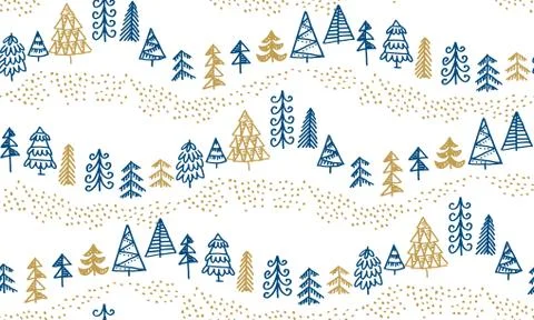 Minimal Xmas tree hand drawn sketch seamless pattern. Stock Illustration