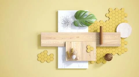 Minimal yellow background with copy space, marble slab, wooden planks, cuttin Stock Illustration