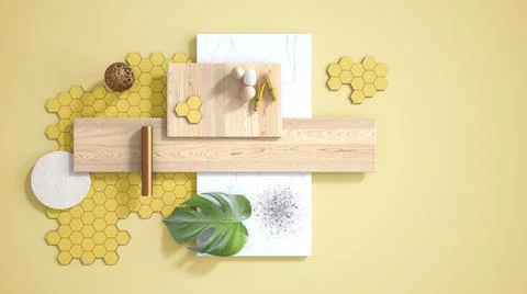 Minimal yellow background with copy space, marble slab, wooden planks, cuttin Stock Illustration