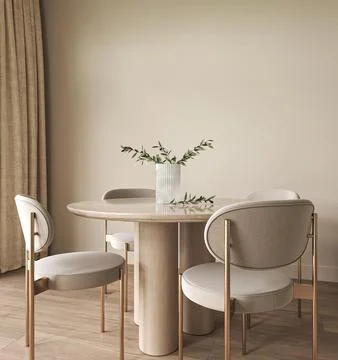 Minimalism concept of dining room interior with wooden table and modern design Stock Illustration