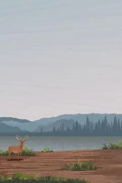 Minimalism landscape side view of muddy area with deer, lake, pine forest a.. Stock Illustration