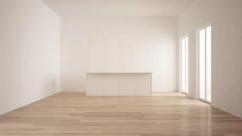 Minimalism, modern empty room with white hidden kitchen with island, parquet  Stock Illustration