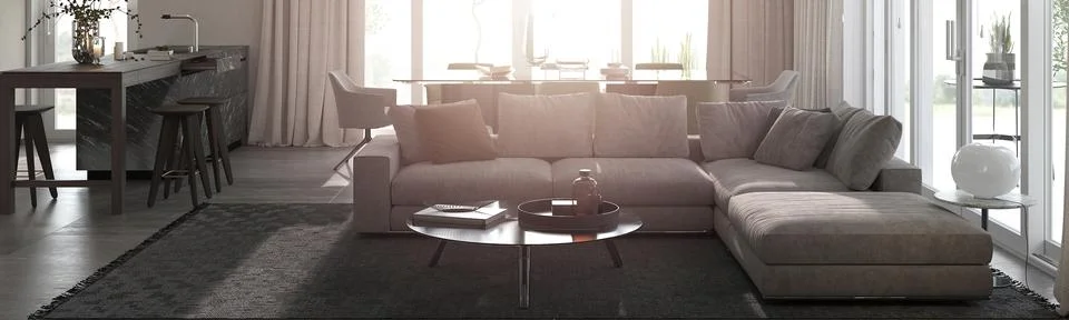Minimalism modern interior design studio living room. Dining room with table and Stock Illustration