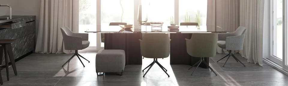 Minimalism modern interior design. Studio dining room with luxury table and Stock Illustration