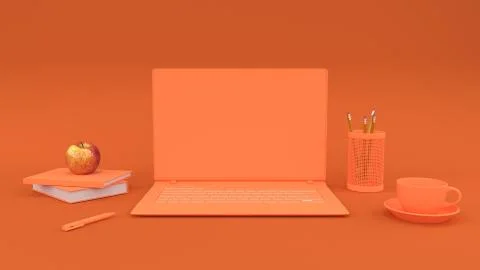 Minimalism simple composition orange laptop mock-up for your text and backgro Stock Illustration