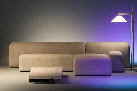 Minimalism style. Beige design comfortable couch near stylish floor lamp beaming イラスト素材